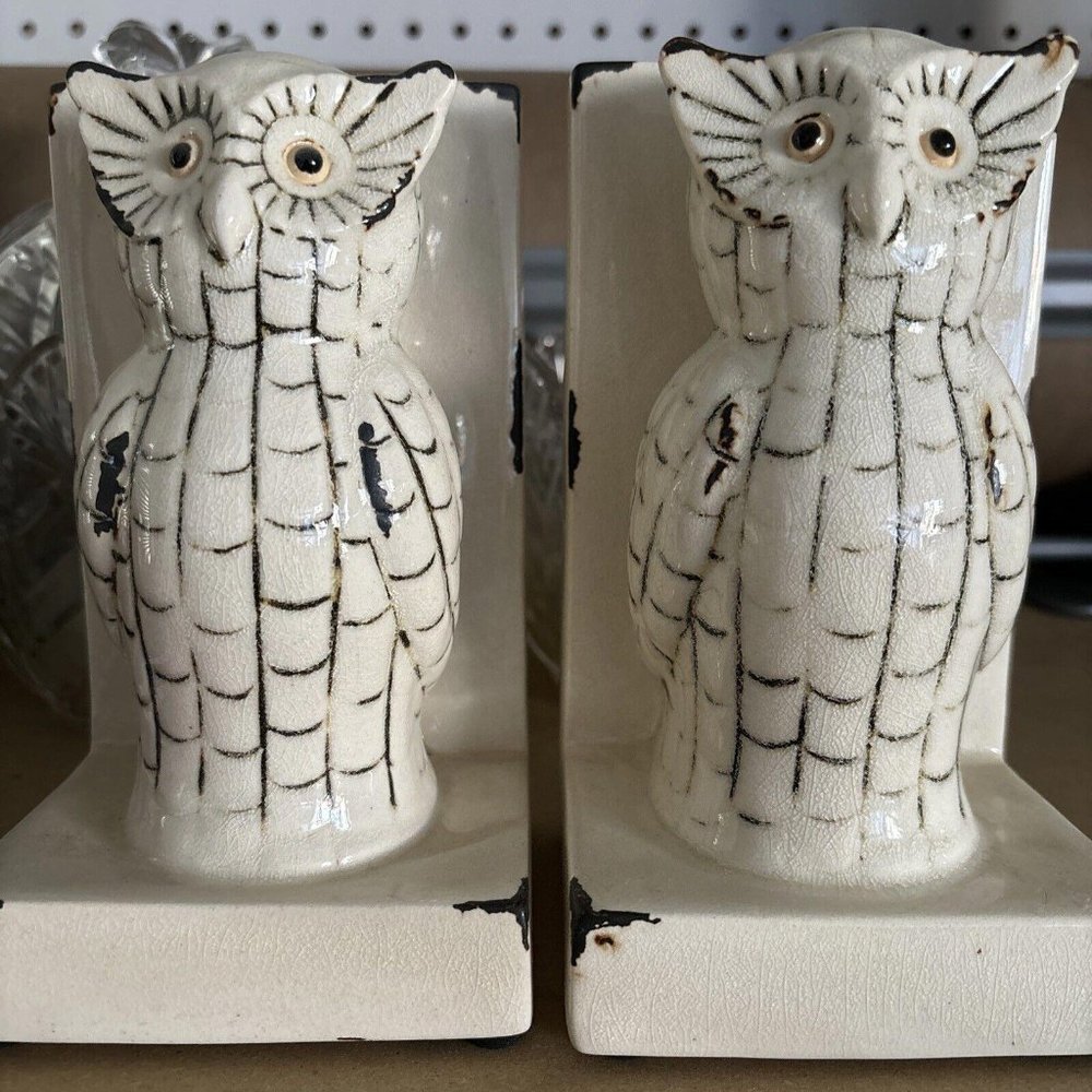 Ceramic Owl Bookends-Shabby Chic Off White Vintage Bookends Set Of 2